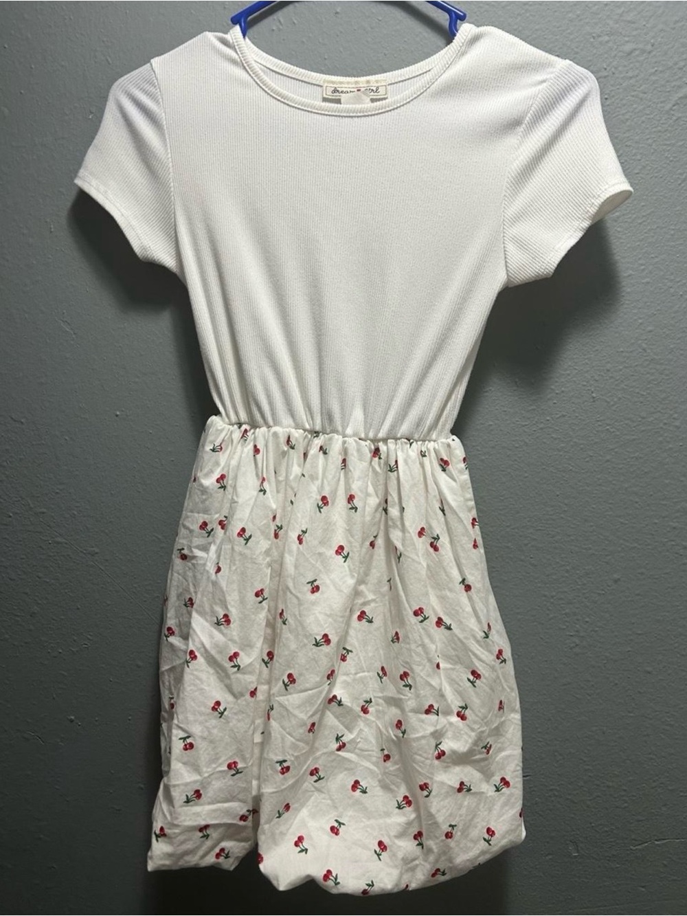Dreamgirl White Short-Sleeve Dress with Red Cherry Motif